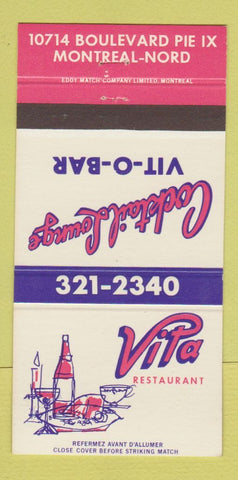 Matchbook Cover - Vita Restaurant Vit O Bar Montreal QC 30 Strike
