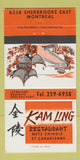 Matchbook Cover - Kam Ling Chinese Restaurant Montreal QC 30 Strike