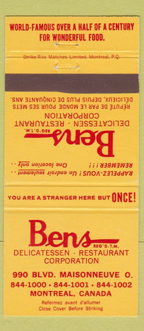 Matchbook Cover - Ben's Deli Restaurant Montreal QC 30 Strike