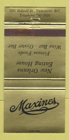 Matchbook Cover - Maxines Restaurant Vancouver BC 30 Strike