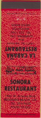 Matchbook Cover - La Cabana Restaurant Sonora Redondo Beach CA red
