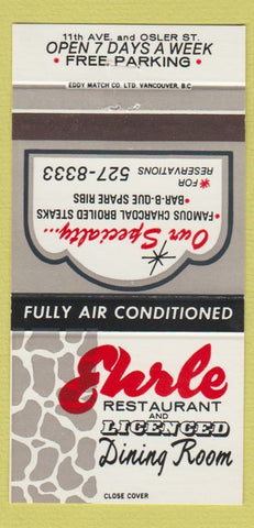 Matchbook Cover - Ehrle Restaurant Regina SK BBQ Steaks #1 30 Strike