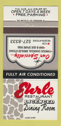 Matchbook Cover - Ehrle Restaurant Regina SK BBQ #2 30 Strike