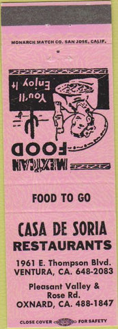Matchbook Cover - Casa De Soria Restaurant Oxnard CA girlie pink