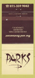 Matchbook Cover - Parks Bar Restaurant Highbury London UK 30 Strike
