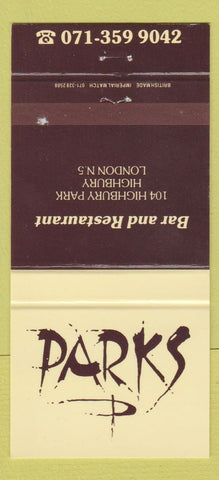 Matchbook Cover - Parks Bar Restaurant Highbury London UK 30 Strike