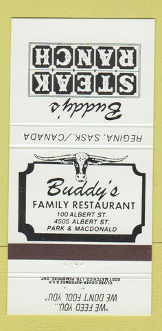 Matchbook Cover - Buddy's Family Restaurant Steak Regina SK 30 Strike