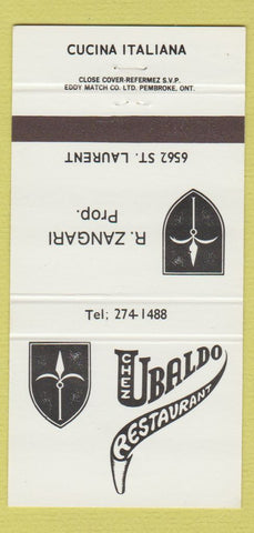 Matchbook Cover - Chez Ubaldo Restaurant Italian Canada 30 Strike