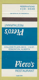 Matchbook Cover - Piero's Restaurant Edmonton AB 30 Strike