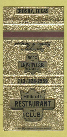 Matchbook Cover - Hilliard's Restaurant and Club Crosby TX 30 Strike