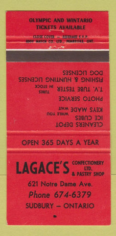 Matchbook Cover - Lagace's Confectionery Pastry Shop Sudbury ON 30 Strike