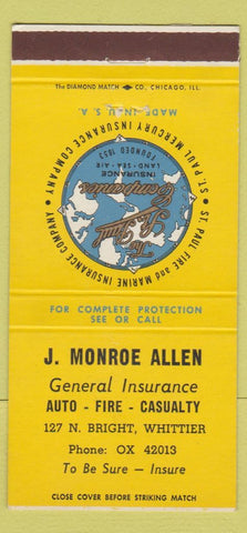 Matchbook Cover - J Monroe Allen Insurance Whittier CA 30 Strike