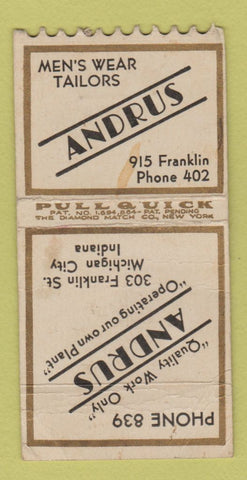 Matchbook Cover - Andrus Men's Clothes Michigan City IN PULLQUICK WORN