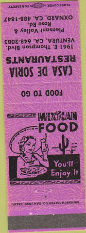 Matchbook Cover - Casa De Soria Restaurant Oxnard CA girlie purple