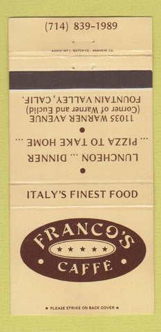 Matchbook Cover - Franco's Caffe Fountain Valley CA pizza 30 Strike