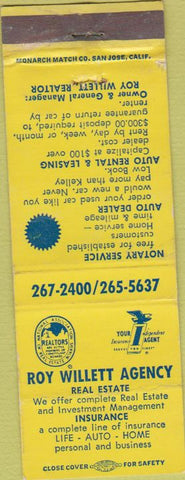 Matchbook Cover - Roy Willett Insurance Real Estate WORN Northern CA