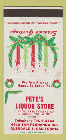 Matchbook Cover - Pete's Liquor Store Glendale CA Christmas 30 Strike