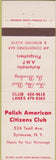 Matchbook Cover - Polish American Citizens Club Syracuse NY