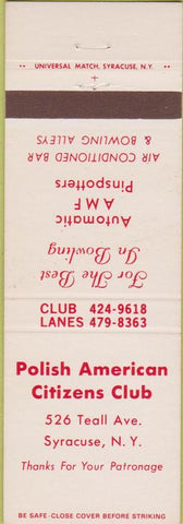 Matchbook Cover - Polish American Citizens Club Syracuse NY