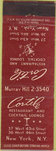 Matchbook Cover - Cortile Restaurant New York City