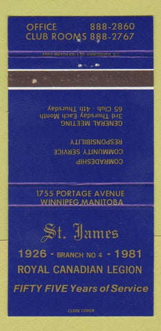 Matchbook Cover - Royal Canadian Legion St James Winnipeg MB 30 Strike