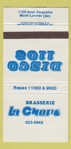 Matchbook Cover - Brasserie La Chope Mont Laurier QC Disco 1180 30 Strike