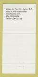 Matchbook Cover - David Thompson Motor Inn Kamloops BC 30 Strike
