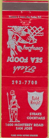 Matchbook Cover - Bold Knight Steaks San Jose CA