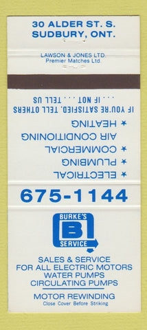 Matchbook Cover - Burke's B Service Sudbury ON 30 Strike
