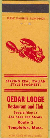 Matchbook Cover - Cedar Lodge Templeton MA lobster