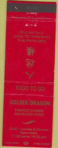 Matchbook Cover - Golden Dragon Chinese Food Costa Mesa CA