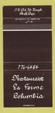 Matchbook Cover - Restaurant La Ferme Columbia Hull QC 30 Strike