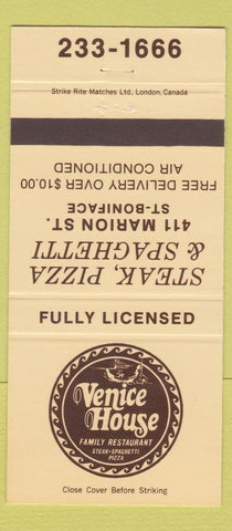 Matchbook Cover - Venice House Restaurant Steak Pizza St Boniface MB 30 Strike