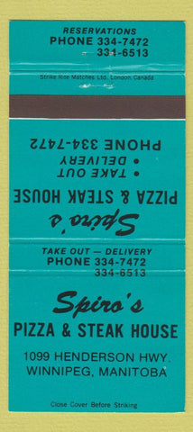 Matchbook Cover - Spiro's Pizza Steak House Winnipeg MB TEAL 30 Strike