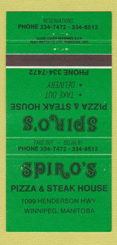 Matchbook Cover - Spiro's Pizza Steak House Winnipeg MB GREEN 30 Strike