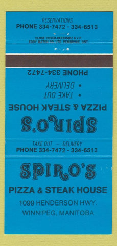 Matchbook Cover - Spiro's Pizza Steak House Winnipeg MB BLUE 30 Strike