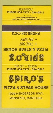 Matchbook Cover - Spiro's Pizza Steak House Winnipeg MB YELLOW 30 Strike