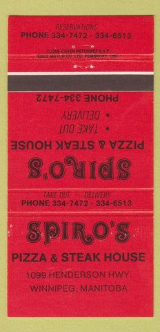 Matchbook Cover - Spiro's Pizza Steak House Winnipeg MB RED 30 Strike