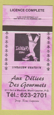 Matchbook Cover - Aux Delices Des Gourmets Mont Laurier QC PURPLE 30 Strike