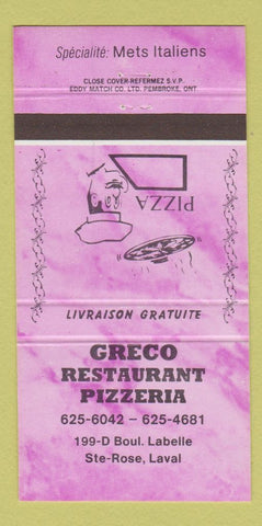 Matchbook Cover - Greco Restaurant Pizza Laval QC PURPLE 30 Strike