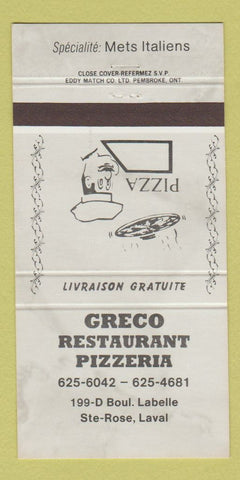Matchbook Cover - Greco Restaurant Pizza Laval QC GRAY 30 Strike