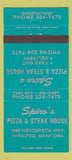 Matchbook Cover - Spiro's Pizza Steak House Winnipeg MB TEAL 30 Strike