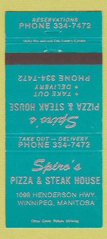 Matchbook Cover - Spiro's Pizza Steak House Winnipeg MB TEAL 30 Strike