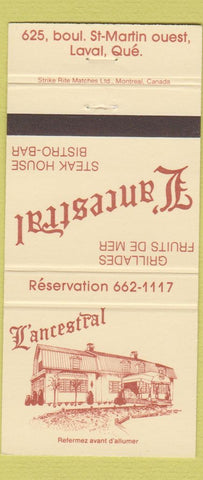 Matchbook Cover - L'Ancestral Steak House Bistrol Laval QC 30 Strike