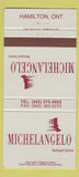 Matchbook Cover - Michelangelo Restaurant Hamilton ON 30 Strike