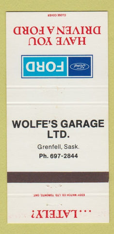 Matchbook Cover - Wolfe's Garage Ford Grenfell SK 30 Strike