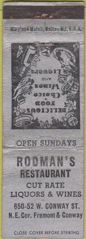 Matchbook Cover - Rodman's Restaurant Baltimore? WORN