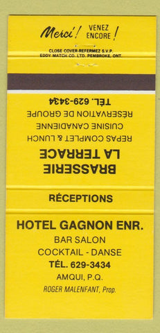 Matchbook Cover - Hotel Gagnon Brasserie LA Terrace Amqui QC YELLOW 30 Strike