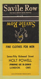 Matchbook Cover - Savile Row Men's Clothes Holt Powell London ON 30 Strike
