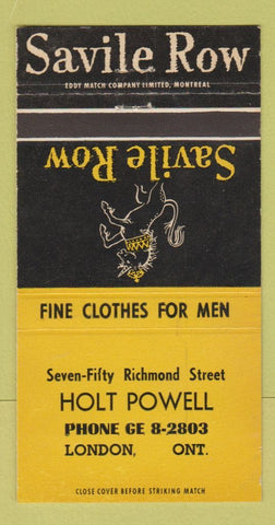 Matchbook Cover - Savile Row Men's Clothes Holt Powell London ON 30 Strike